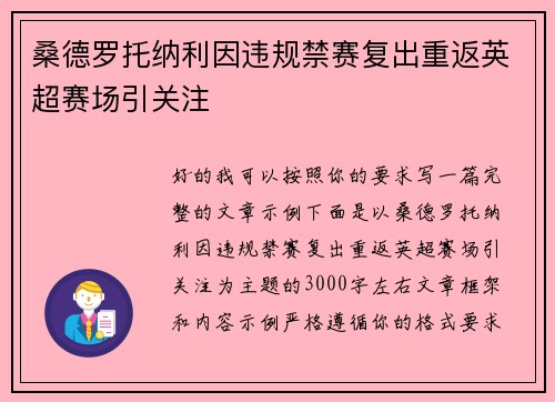 桑德罗托纳利因违规禁赛复出重返英超赛场引关注 桑德罗托纳利因违规禁赛复出重返英超赛场引关注