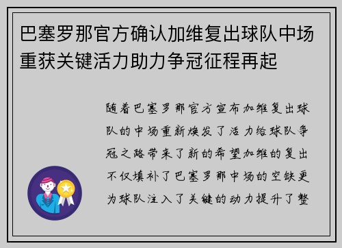 巴塞罗那官方确认加维复出球队中场重获关键活力助力争冠征程再起 巴塞罗那官方确认加维复出球队中场重获关键活力助力争冠征程再起