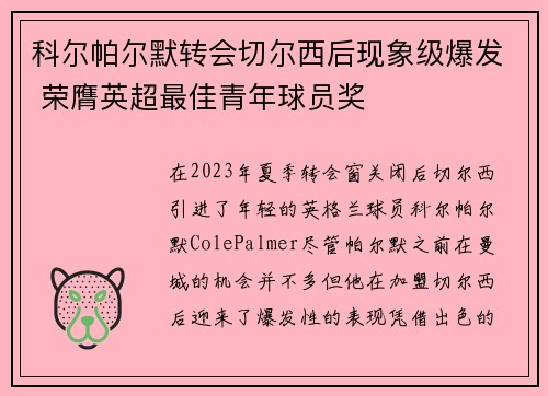 科尔帕尔默转会切尔西后现象级爆发 荣膺英超最佳青年球员奖 科尔帕尔默转会切尔西后现象级爆发 荣膺英超最佳青年球员奖